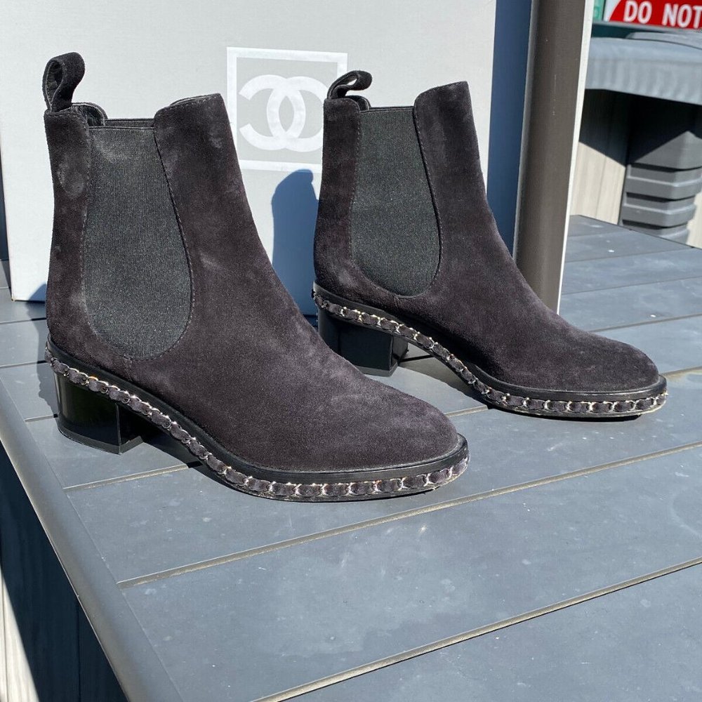 Chanel Chelsea Black Suede Ankle Boots with Classic Chain Detail Size 37.5